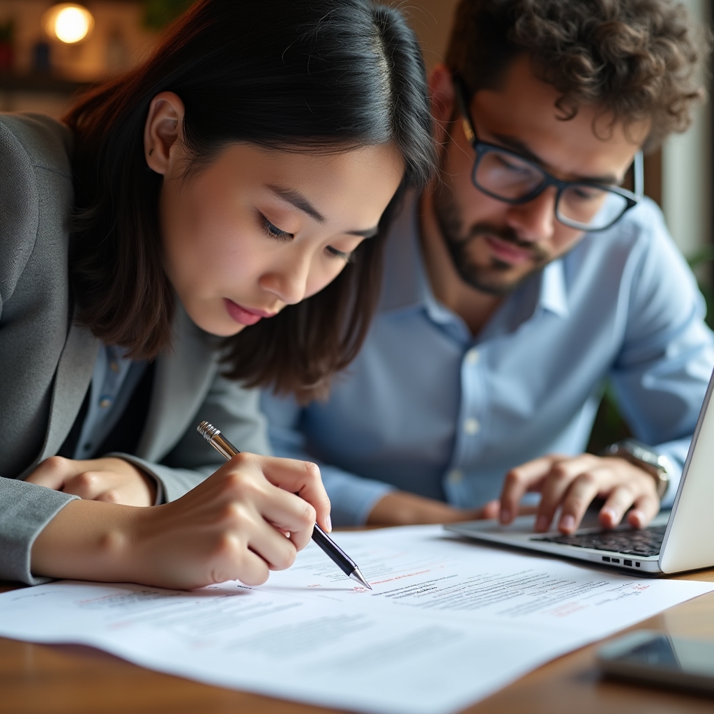 Zwei Personen analysieren gemeinsam eine Fallstudie auf Papier