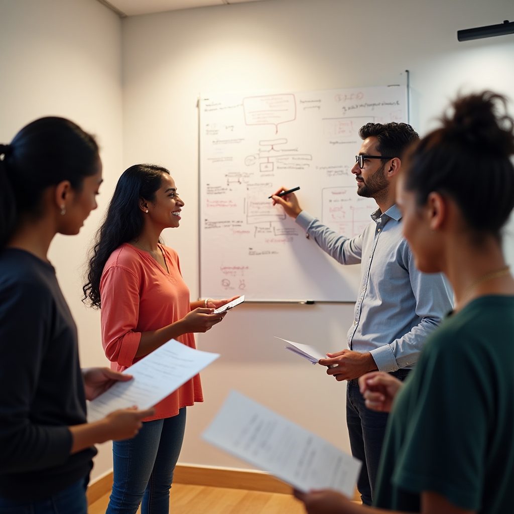 Kleingruppe bei einer Analyseübung mit Flipchart
