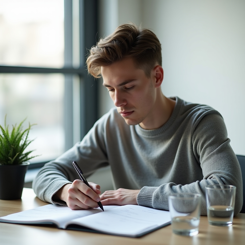 Person arbeitet konzentriert an einer schriftlichen Analyseaufgabe