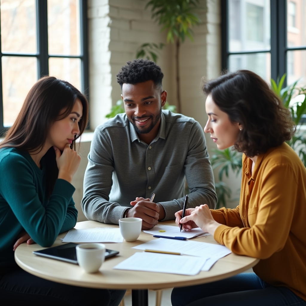 Kleines Team diskutiert Analyseansätze in einem modernen Büro